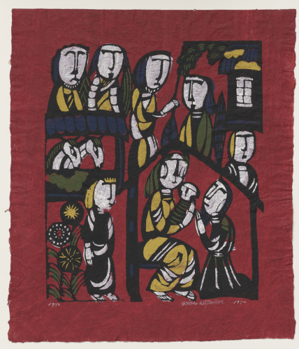 Watanabe%20Sadao%2C%20%3Cb%3E%3Ci%3E%20Nativity%3C%2Fi%3E%3C%2Fb%3E%2C%201970%2C%20color%20stencil%20print%20with%20brushed%20pigment%20on%20momigami%20kozo%20%28crumpled%2C%20wrinkled%20mulberry%20paper%29%3B%20kappazuri%2C%20The%20Vivian%20and%20Gordon%20Gilkey%20Graphic%20Arts%20Collection%2C%20%26%23169%3B%20unknown%2C%20research%20required%2C%2091.84.851